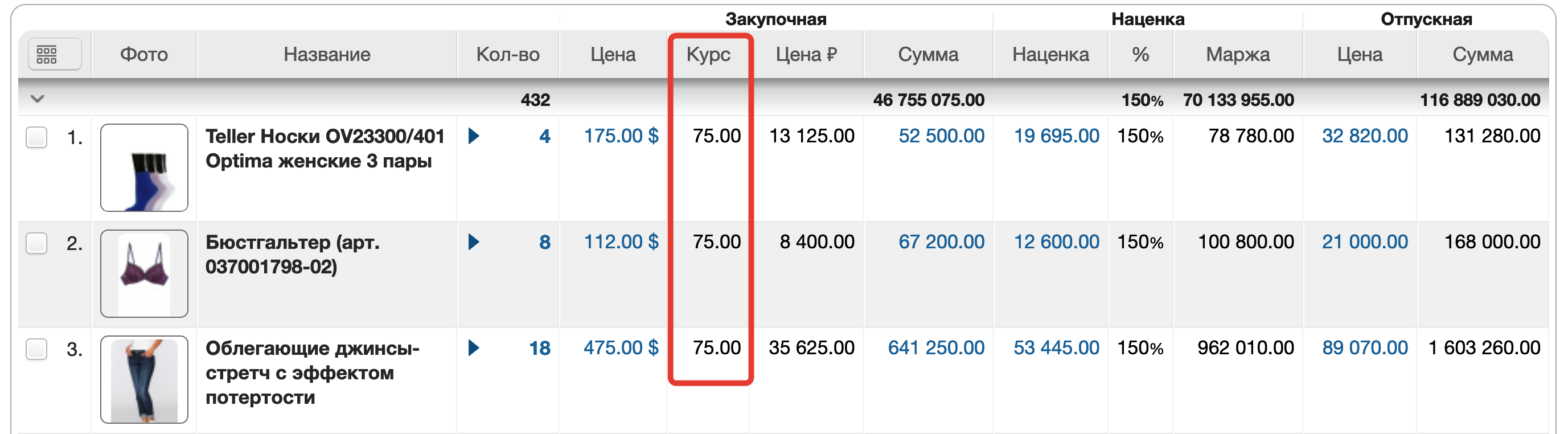 Пример таблицы с товарами в валюте